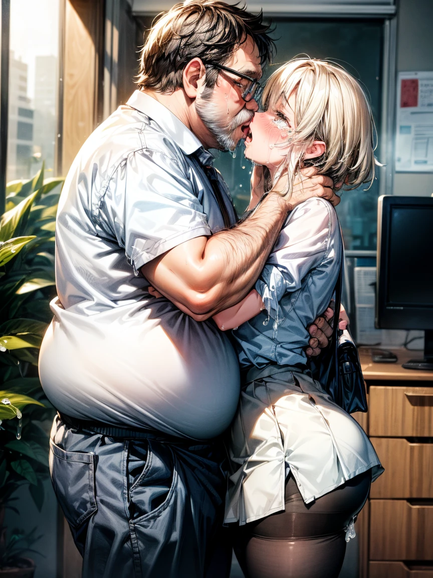 (girl, Fat middle-aged man:1.2), 破れたpantyhose、pantyhose、White shirt、Pencil Skirt、blush、(kiss)、(hug)、office、Very detailed、High Resolution度、4K、masterpiece、High Resolution、(tears:1.8)、(Clothes are see-through:1.2)、heart、(Side view)、sit