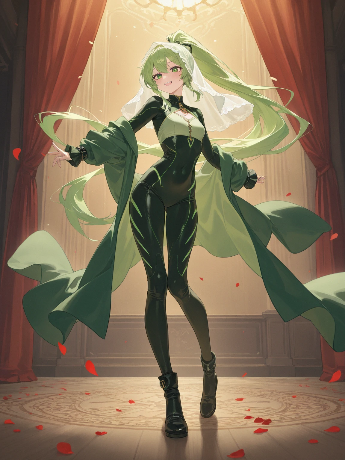 c.c.,  (expressionless, cowboy shot:1.4), code geass, geass, c.c. eating pizzas 
(masterpiece, best quality, ultra-detailed, best shadow), (beautiful detailed face, beautiful detailed eyes),
green hair, orange eyes, 
(black bodysuit, zero suit:1.1), black and red cape, zero \(code geass\), zero mask, 
mksks style, beautiful background, outdoors, landscape with form