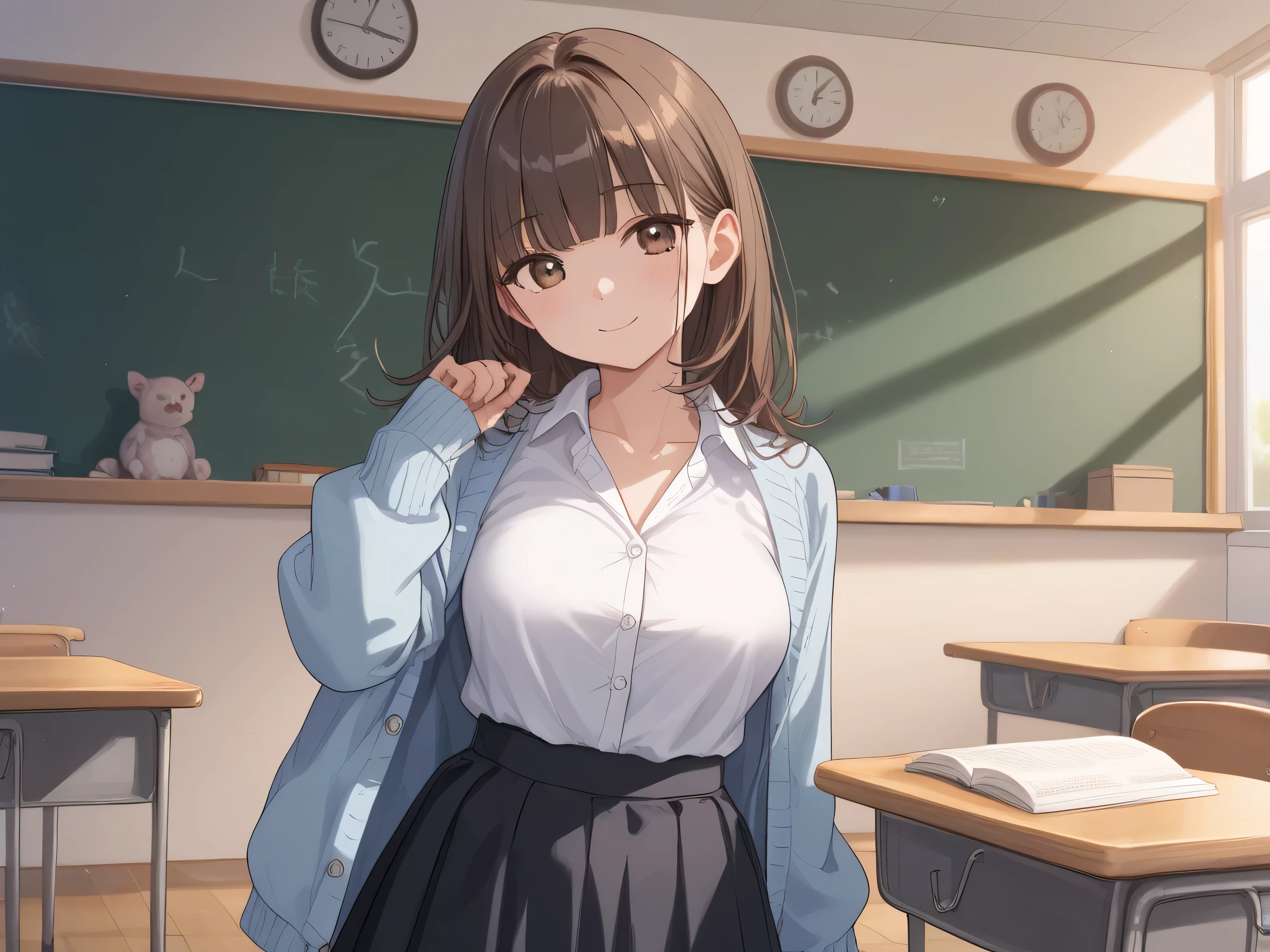 NSFW, masterpiece, 1 girl, Medium sized breasts,  The background is a school classroom, blackboard, adult, teacher, White shirt, (Light blue cardigan),   She is standing in front of the desk, (Brown long skirt:1.2), Brown Hair, blunt bangs, She has a book, Brown eyes,  light smile, BREAK ,score_9, score_8_up, score_7_up, (5 finger:0.8), shiny, shiny skin, shiny hair, soft body