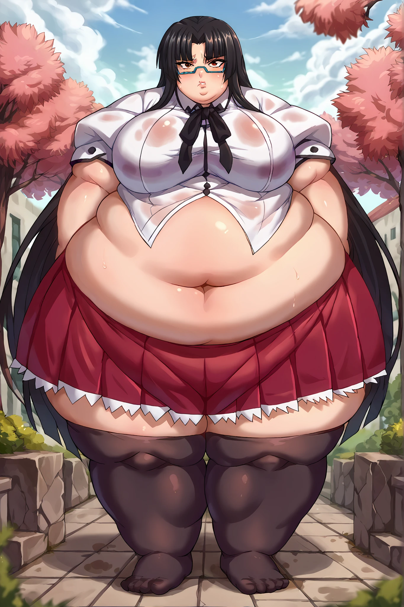 ((((kipteitei art)))), ((highres)),Masterpiece, high quality, best quality, beautiful, perfect lighting, detailed face, ultra cute face, ((1girl)), ((solo), ((sumi)), single braid, side braid, white bow, white shirt, long sleeves, sailor collar, red ribbon, red skirt, pleated skirt, undersized skirt, ((tight clothes)), ((embarrassed)), blush, medium breasts, perky breasts, thicc, ((fat ass)), (((wide hips))), ((((thick thighs)))), pudgy belly, outside,