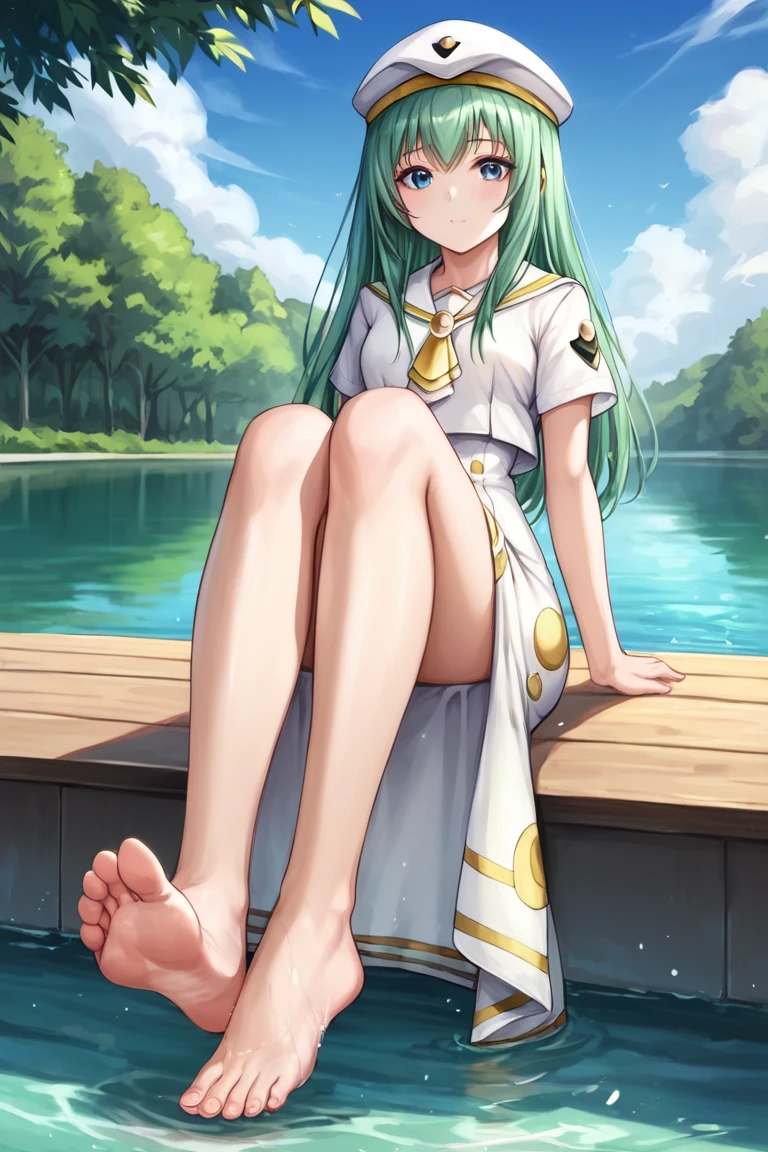 (masutepiece:1.1), (high resolusion:1.2), (Illustration:1.05), (ultra detailed 8k art:1.05), (finely detailed beautiful eye), Perfect face, Bright pupils, Lustrous skin, hayami_Sena ,Green eyes, , Xenovia Quarta, Black_Belt bag, Green_Capelet, Green_Jacket, white_Shorts,, Long sleeves, fullllbody, blushed, Looking at Viewer, sole, Barefoot soles、poneyTail、Smelly、5 toes、Sole Focus、Open your toes、Bare legged、bare-legged、Brown hair、Sena Hayami、Stuffiness on the soles of the feet、Sweaty feet, Close-up of the soles of the feet,Exposing the soles of the feet