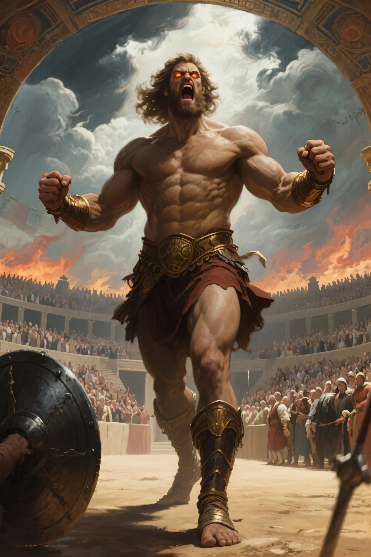 Mighty gladiator, chest uncovered, lower body revealed from thighs to feet, cascading long curls, detailed muscular physique, lifelike depiction, 4K resolution. Background: Colosseum during a spectacular sunset,32k uhd, best quality, masterpiece, super detail, high details