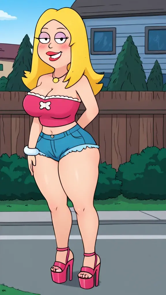 francine, flat color, blonde hair, 1girl, long hair, white braclet, extra massive breasts, solo, necklace, cleavage, tight strapless pink crop-top, pink short shorts, red lips, standing, looking at viewer, outdoors, full-body, smile, blushing, open-toe platform high heels,