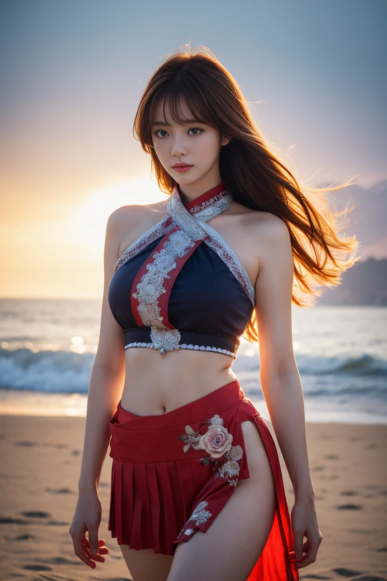 (8K, RAW photo, Best quality, Masterpiece:1.2), (超高分辨率:1.0), Detailed illustration, Detailed, (Realistic, photo-realistic:1.37), detailed beautiful skin, Sailor Moon, (1 girl: 1.2),(full bodyesbian:1.2),(Hands of Guido Daniele:1.2), Slim body, Cute, cheerfulness, Long hair, long leges, cleavage,Blue skirt,Red bow,Blue eyes,blond hairbl,double tails,hair-bun,hair adornments,Blue sailor collar, Red necklace, Red boots, High heels, Sailor senshi uniform, White gloves,head gear,Elbow gloves,Pleated skirt,Knee boots blue sky, Beautiful sky, (scenery), Lake, Falling petals, Falling leaves, Cowboy shot,