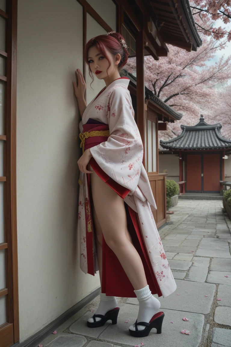 (red kimono)、(top-quality,masterpiece:1.3,超A high resolution,),(ultra-detailliert,Caustics),(Photorealsitic:1.4,RAW shooting,)Ultra-realistic capture,A highly detailed,high-definition16Kfor human skin、 Natural Skin Texture、、The skin looks healthy with an even tone、 Use natural light and color,One Woman,japanes,kawaii,A dark-haired,Face with closed eyes, open mouth and yawning、very big hair,(depth of fields、chromatic abberation、、Wide range of lighting、Natural Shading、)、(Cherry blossoms in the air:1.2)、(Hair swaying in the wind:1.2)、(Cherry blossoms reflect light:1.1)、Cleavage can be seen through the exposed kimono、Legs visible through exposed kimono(Red garter belt、Crotch visible through exposed kimono、Kneel, spread your legs and look up、(Hair swaying in the wind:1.2)、 Background with: Castle at night、Perfect anatomical body proportions、Legs open and thighs open:2.8、small red micro panties、Panty shot from below、garterbelts、Facing forward、 M-shaped legs:2.8、wide open the crotch、Bend your knees、(Legs wide open)、Open your thighs、lift your butt to the limit、Yellow water drips from genitals