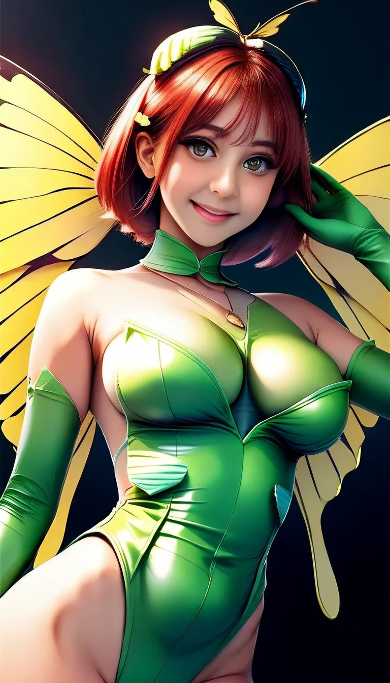  ((masterpiece,Highest quality,Very delicate,Perfect Face,16K,High resolution,Very beautiful woman)),Yellow butterfly wings on head,Brown medium shorthair,Black hair ornament:1.2,Green leotard,Green Long Boots ,Green long sleeve gloves, Large Breasts,Gold Necklace,Seductive pose,Cowboy shot Bad face,,two hands,Two legs,five fingers,evil background,elbow gloves, Wicked Smile, devilish aura (Shiny fabric:1.5),Dark world background,solo,feet,