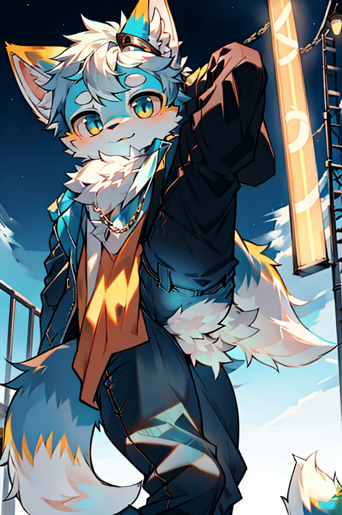 Ocean Star Fox, male, (detailed), fluffy, alone, , lifelike, ((clear structural details)), Meticulous and pragmatic, exquisite eyes, (Turquoise blue pupils), ((Silver eyes sparkle)), 的Smile, Smile, Slim, soft, 4k, high quality, high detail, Fine hairs, ((The tail is in the correct position) ,Blue trench coat,Two ear jeans