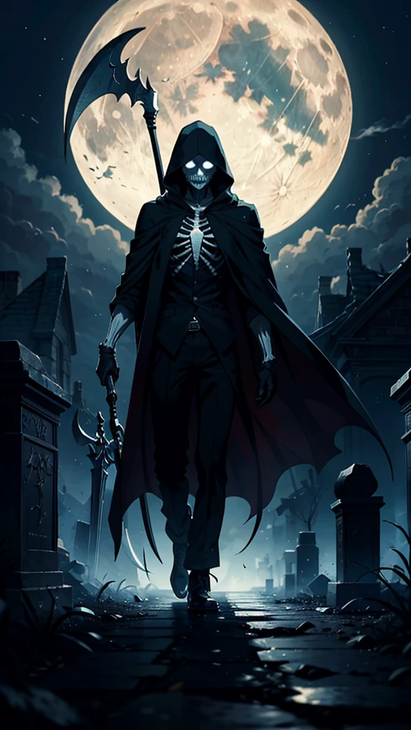 [2] In a gloomy cemetery, a black-robed Grim Reaper walks slowly. His tall, thin figure shrouded in darkness, armed with a scythe.
[3] = The cemetery environment is eerie and terrifying, with tombstones covered with moss and trees withering and withering, creating scenes of death and despair.
[4] = The face of the Grim Reaper is hidden under a black turban, his expression is not visible, but it reveals an aura of coldness and ruthlessness. His presence makes people feel chills and fears.
[5] = Photography, using black and white or low-saturation colors to express the indifference and horror of death.
[6] = Use advanced cameras and appropriate camera settings to achieve photographic results. Use a telephoto lens to highlight the tall figure and sickle of the Grim Reaper. Use black and white or low-saturation colors to enhance the indifference and horror of death.