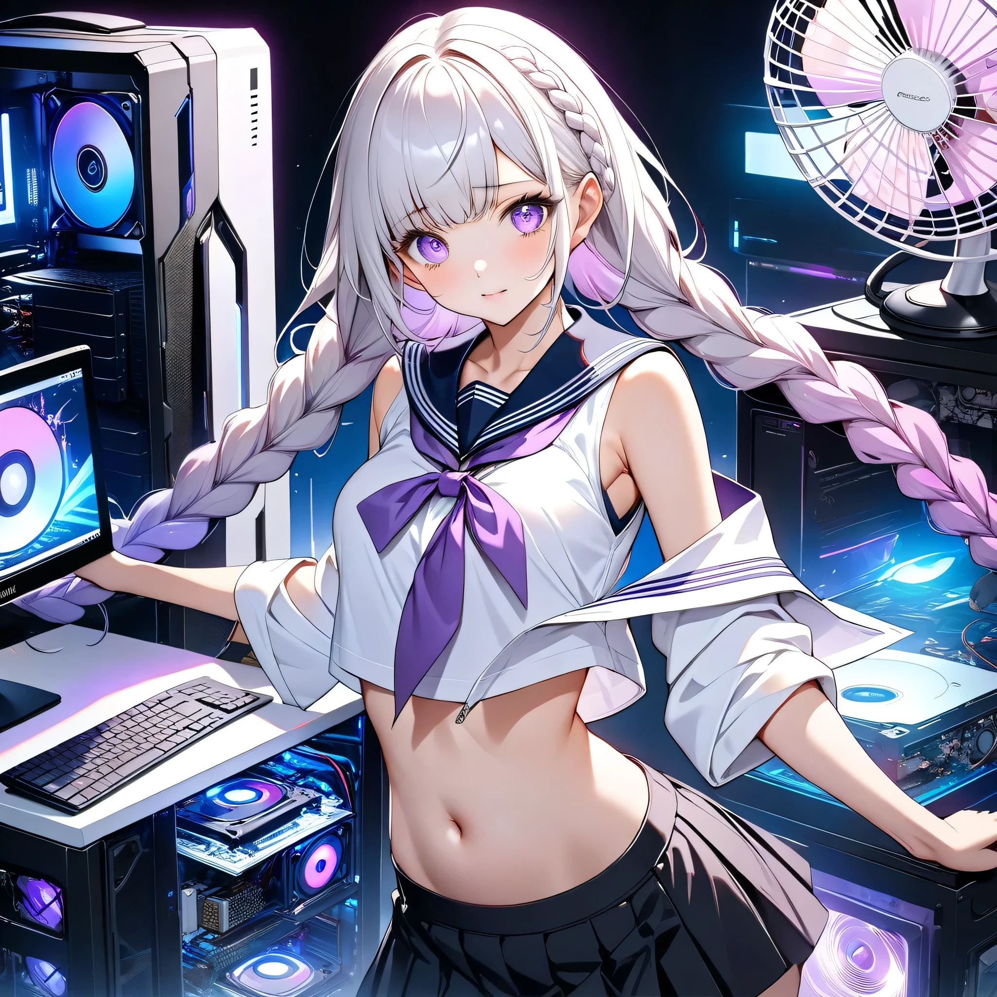 Kakuhime in the PC case、((Inuhime looks up hard at PC parts with a fan in a milky white pillarless case)))、near future、BEST DETAILS,(((Highest Qualityのキラキラした瞳)))、New design sailor combining neon color、1GIRL、pretty face、Baby Face、(((dynamic best composition、Highest Quality、Max Masterpiece、Super Detail、after being played in high definition、CG、HHD、16K)))、(woman wears long purple and white gradation braids)、Bare shoulders、black skirt、Gray Hair、(high school girl/, a sailor with a new design that combines a sailor suit and cyberpunk、clothes white loose socks、 shoulder、black loafers、Side Cutout、exposed navel、Side Cutout、Sailor Suit Line Neon Color)、Neon Color Palette、clear method、Detailed purple gradient eyes、fashion that glows in the dark、electronics、