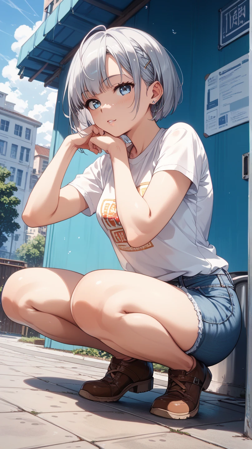 1 girl,alone,Youmu,white shirt,white socks, Gym suit,Dark blue bloomers, sports shoes, sitting, get your knees up,schoolyard,outdoor, blue sky,Sweat, front elevation
break
(masterpiece, highest quality,Super detailed,)