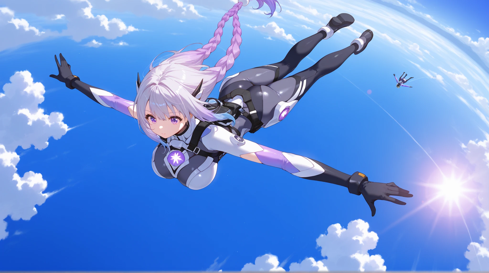Criptic girl,masterpiece, best quality, amazing quality, very aesthetic, absurdres, sensitive, (dynamic Dutch angle shot:1.5),lends flare,highly detailed cyber body suits, Extreme large Breast, long gradient purple twin braid hair ,(Skydiving scene:1.2), (viewed from below1.5),girl Skydiver free falling in bright blue sky,Lying on stomach in the air,, flying above white clouds,sunny day, wide angle shot from above, gray color_style, high resolution