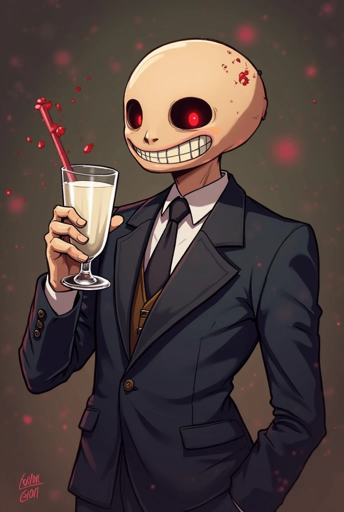 high quality, skeleton-faced character (one), black suit, stylish, anime-style, background with a bizarre atmosphere (restaurant), holding wine in one hand,
