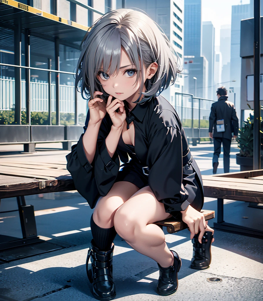 (A high resolution, absurd res:1.1), full art illustration, BREAK BREAK BREAK
(plumw:1.1), A girl wearing a black hat and a white shirt, anime cyberpunk art, wet streets, street fashion, Dark blue leather armor, Photorealistically rendered clothing, pixiv 3dcg, wet from rain, Black leather shorts, 韓国アイドル, dressed in punk clothing, dark neighborhood, boxer, dark blue decorative clothing, Squat, BREAK BREAK BREAK