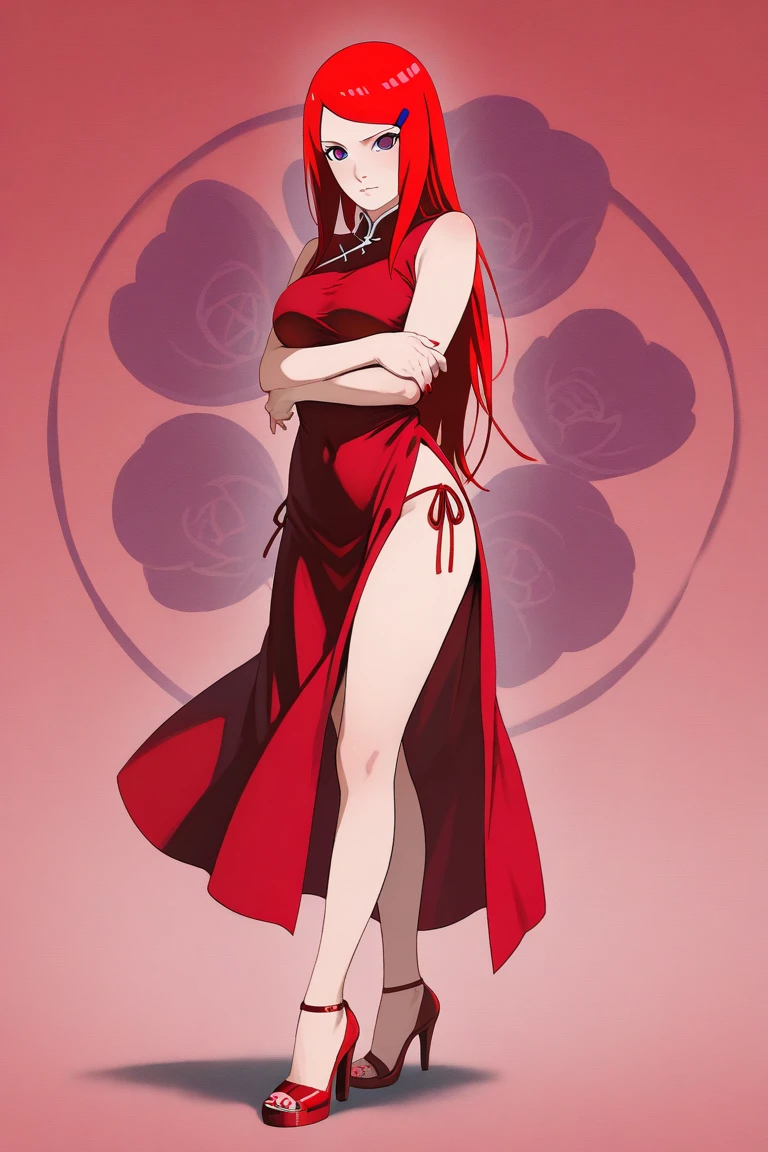 masterpiece, 4k,8k,highres, high quality, 1girl, arm behind back, breasts, china dress, chinese clothes, dress, green eyes, haruno sakura, long hair, looking at viewer, medium breasts, medium hair, open mouth, petals, red dress, side slit, sleeveless, sleeveless dress, solo, standing,<lora:sakura:0.6>