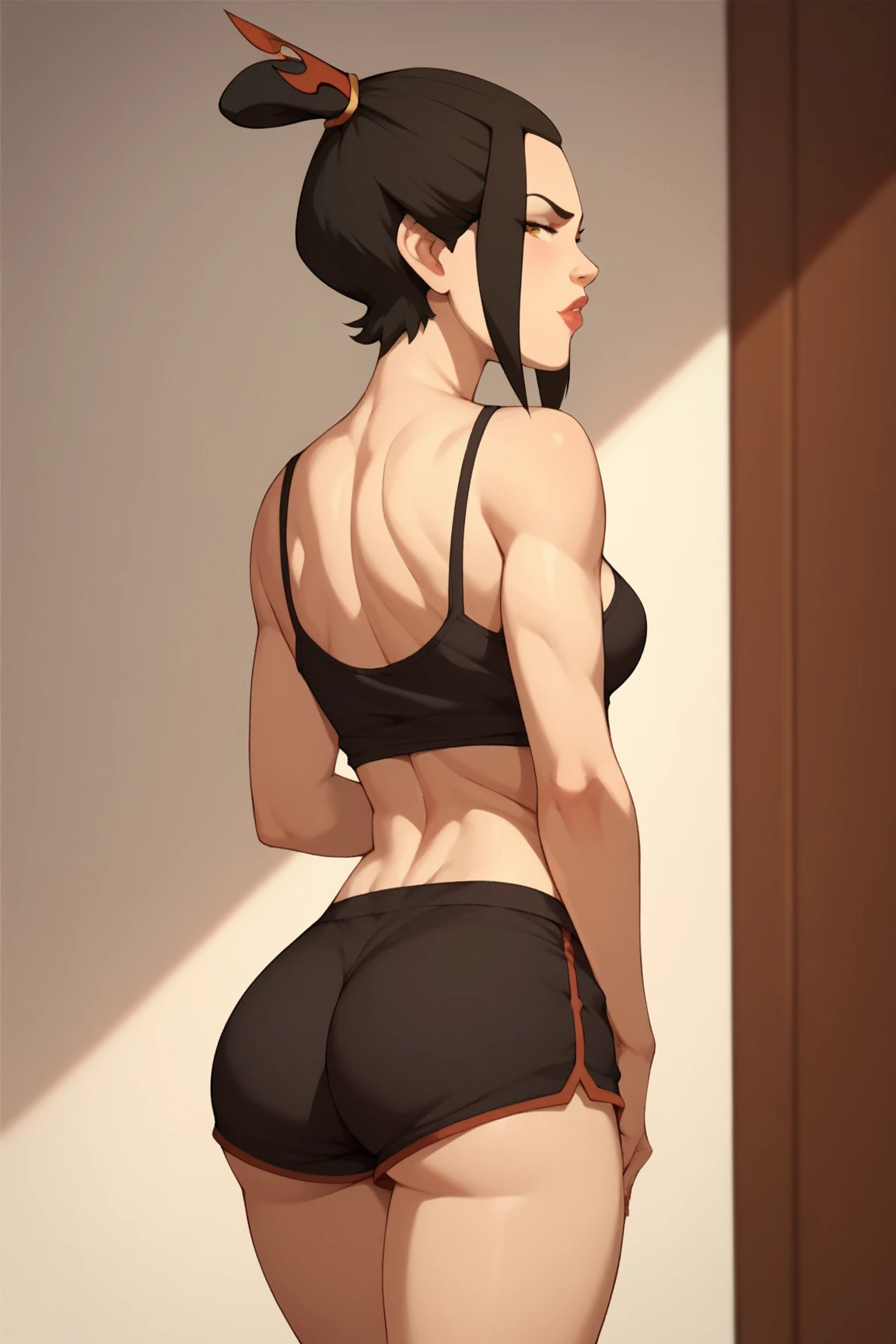 a backview of a woman sit back to camera, (((backside))), short black hair, wearring cute pantie, slimthick, simple light, uncontrasted, textured flat background,, brown skin, large body, glamour, silhuetas simples, provocador, (((crop top shirt)))