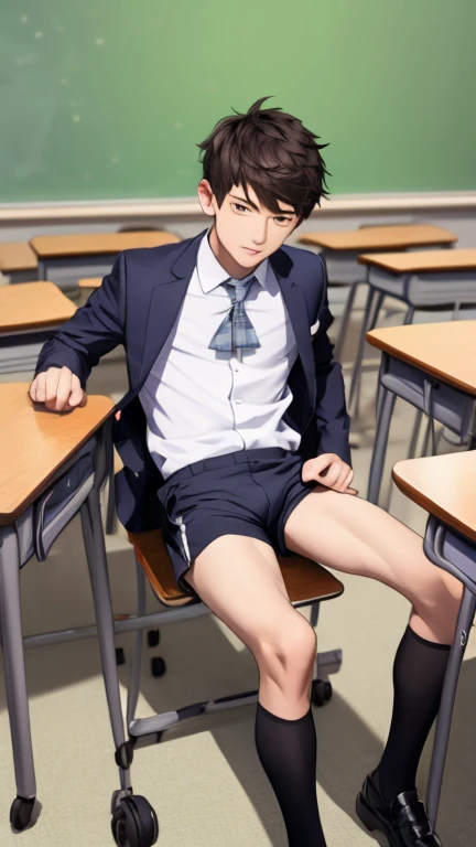 1boy, solo, otoko no ko, pervert, petite, blushing, glasses, desktop wallpaper, highly detailed, freckles, small hips, androgynous, School Classroom, six pack abs, muscle arms, big penis, big testicles