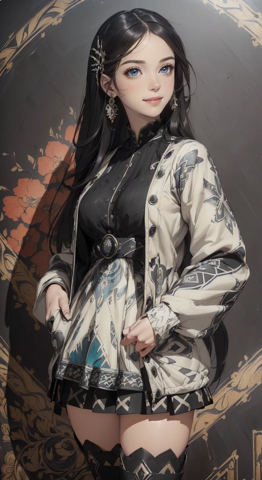 Shine brightly,masterpiece，Top quality，Best quality，1 girl，Smile，happy，solo，Cross your arms，dress，White background，Black hair，Long hair，Looking at the audience，Simple background，China costume，Long sleeve，Chest，中国dress，发bow，Cowboy lens，bow，侧Ponytail，分开的Lips，printing，Bangs，Ponytail，Blue bow，Standing，Lips，Side seams，Medium bust，白色shirt，shirt，belt，black eyes，