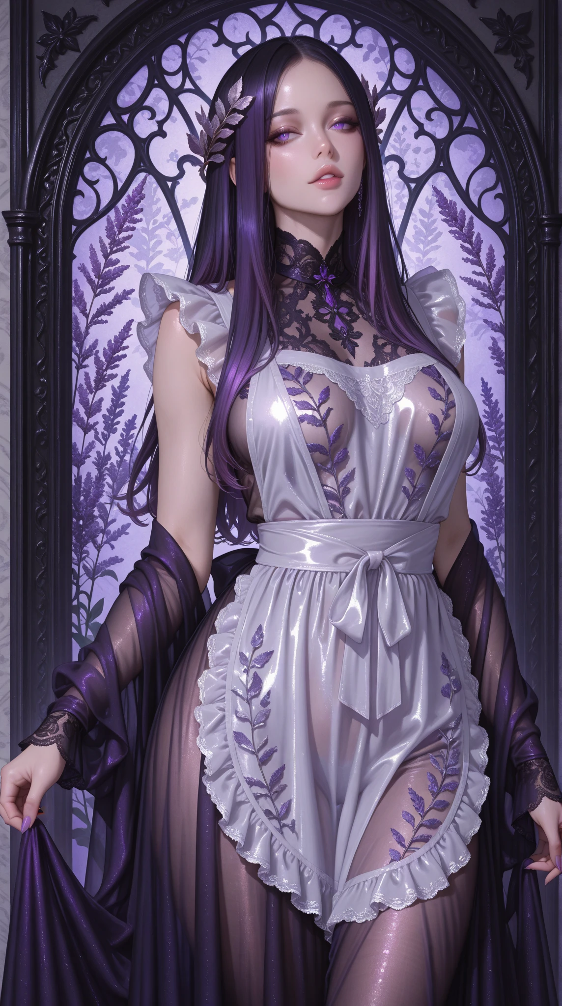 ((masterpiece, best quality, ultra-detailed, ultra-HD, photorealistic, cinematic)), ((alluring female anime, Fern of Frieren Anime)), (wide shot, full body view:1.5), perfect body, sexy body, perfect face, perfect hands, delicate face, large cleavage, round ass, long round legs, (long, waist-length purple hair, styled with a straight cut and bangs, wears her hair down with two additional chest-length strands framing her face), (wearing a long, buttoned white dress with a Victorian-style top, including a frilled collar and puffy white sleeves, along with black boots), (sensual pose), (gradient background:1.2), (hands wide open), purple eyes, detailed pupils, lips, blushing, slightly parted lips