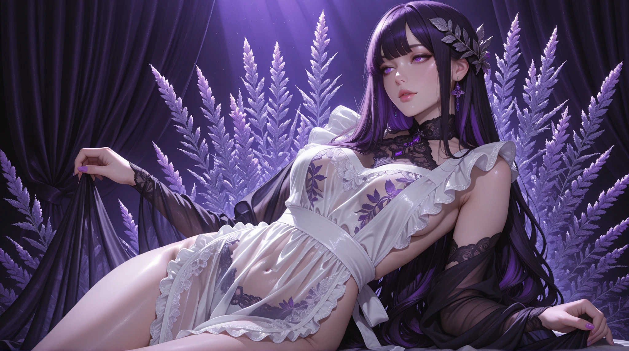 Madre musulmana de cabello violeta,viste tacones s transparente ,wears white lingerie ,mojada,wet pussy