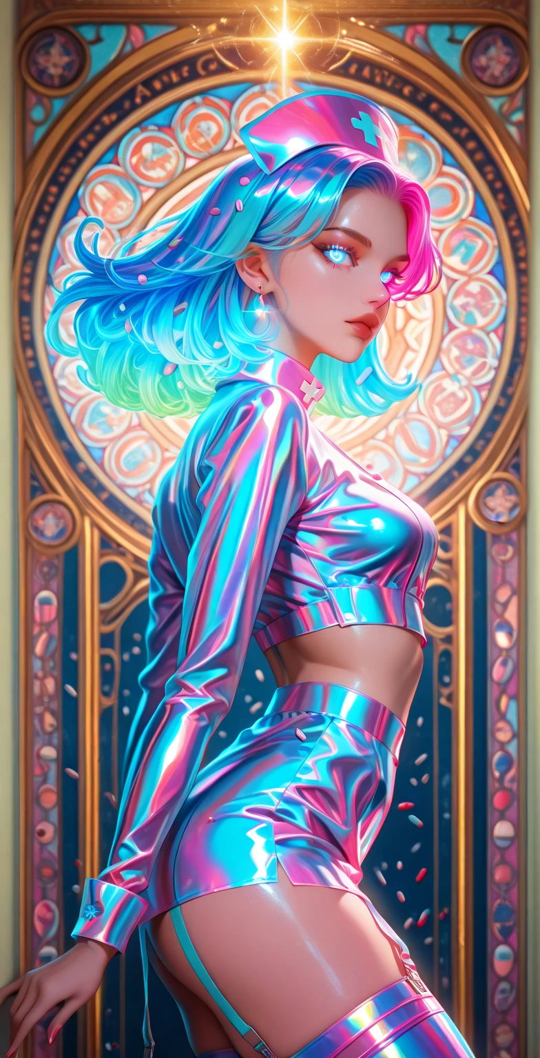 sexy nurse, art nouveau, 1960s concert poster, waveform,Combines the vibrant energy of 1960s psychedelic art posters with Alphonse Mucha's provocative art nouveau style. The background features a pill-themed Art Nouveau stained glass design with pill motifs in vibrant glowing neon colors, (((pill themed))).  The main subject is a highly detailed sexy nurse in a provocative outfit with stockings, with iridescent hair and glowing eyes, looking at viewer, also rendered in vibrant day glow neon colors, whole body view, dynamic action pose, viewed from the side, (((side view))), dramatic view, dynamic lighting. The poster features text that reads "MEDS". "MEDS" written in bold typography. pop art, poster art