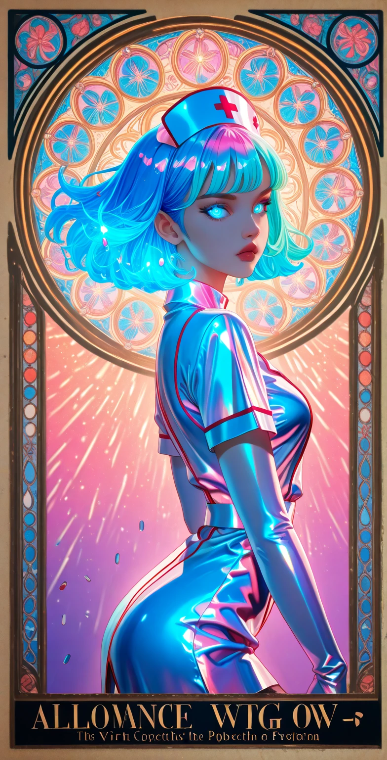 sexy nurse, art nouveau, 1960s concert poster, waveform,Combines the vibrant energy of 1960s psychedelic art posters with Alphonse Mucha's provocative art nouveau style. The background features a pill-themed Art Nouveau stained glass design with pill motifs in vibrant glowing neon colors, (((pill themed))).  The main subject is a highly detailed sexy nurse in a provocative outfit with stockings, with iridescent hair and glowing eyes, looking at viewer, also rendered in vibrant day glow neon colors, whole body view, dynamic action pose, viewed from the side, (((side view))), dramatic view, dynamic lighting. The poster features text that reads "MEDS". "MEDS" written in bold typography. pop art, poster art