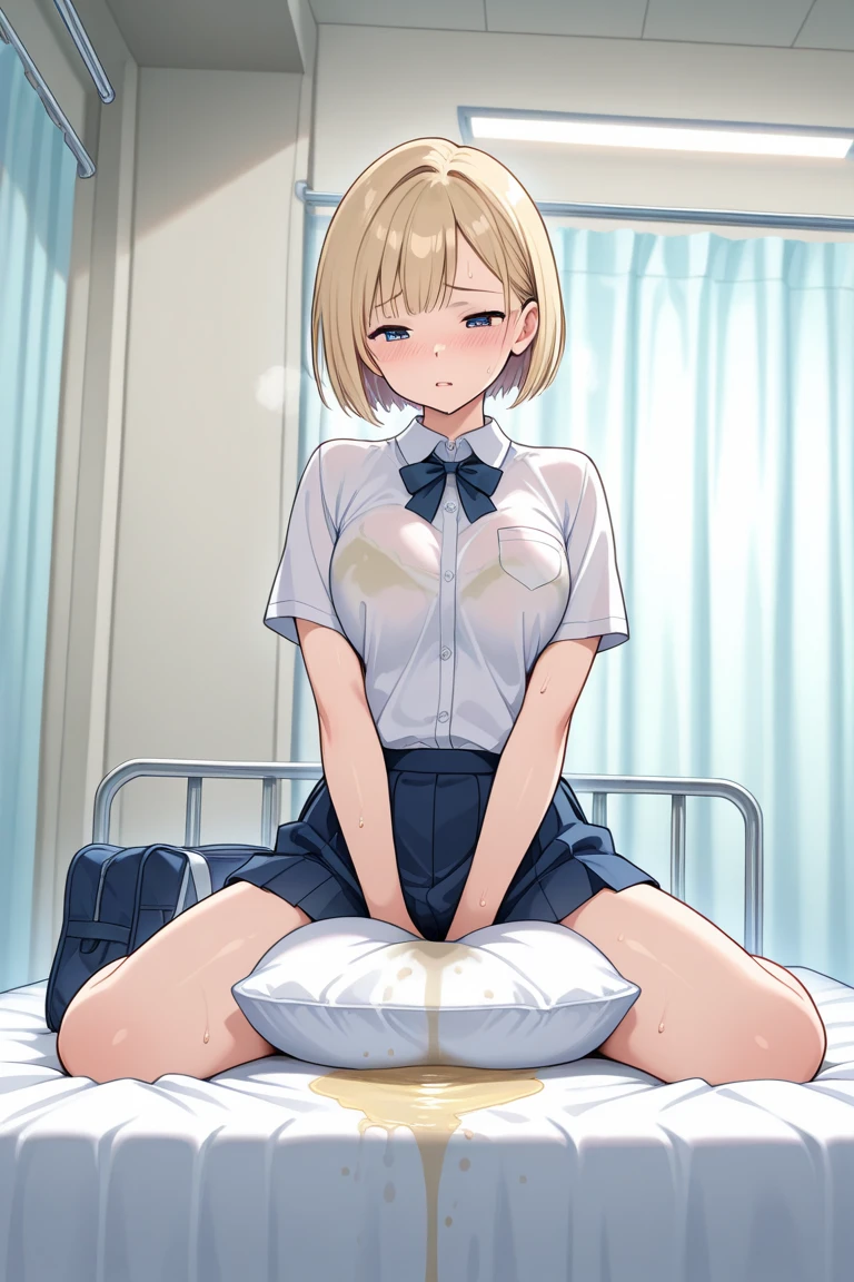 sauce_anime, (((masterpiece)), ((High resolution 8k))), Professional Illustration, evaluation_Explicit, One girl, One boy, Sexual Ecstasy, orgasm, A stunning face, Symmetrical, clear eyes, Detailed eyes and face, Detailed body, Curvy, Shiny skin, Detailed skin, 20-year-old girl, light blonde short hair, anime blue eyes, Large Breasts, nurse, (Dim lighting:1.3), Hospital room, Heavy breathing, saliva, Oral,Cunnilingus,Blowjob,Sit on face,superiorの女の子,Grab your ass,Licking the penis, Small penis, back view, Motion Lines, (Sound Effects:1.5), Speech to text, Shining Sweat, score_9, score_8_superior,score_9