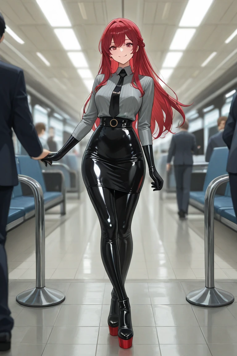 Full body image, completely crowded bus with several men around Princess Zelda in Ultraman costume, squeezing her body, old furry old man with bearded 90-year-old glasses holding her from behind. She has huge breasts, red hair in the wind, light green eyes, her look has a black shirt with white shot and white corset. They are around her to cover up the old man's actions. She's happy giving a beautiful smile and showing off. Anime style, (16k:1.5), (highly detailed), (maximum quality), (maximum resolution), sharp focus.