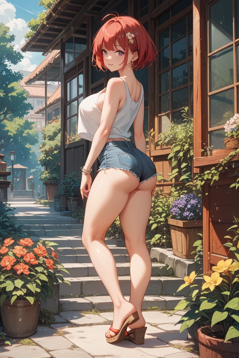 ((1girl, alone, solo, 1woman, TakashiroHiroko, dark purple eyes, red hair, TakashiroHiroko, Extremely detailed, ambient soft lighting, 4k, perfect eyes, a perfect face, perfect lighting, a 1girl)), ((solo, 1woman, Extremely detailed, ambient soft lighting, 4k, perfect eyes, a perfect face, perfect lighting, a 1girl)), (((big ass, from the back, looking behind, , yellow tank top, (revealing wet tank top, tank top revealing the breasts), women's tank top, wet yellow tank) top, transparent, transparency, mini shorts, jean shorts, navel out, abdomen showing, wet body, wooden house, classic Japanese house, old Japanese house , balcony, garden, flowers, walking in the hallway))