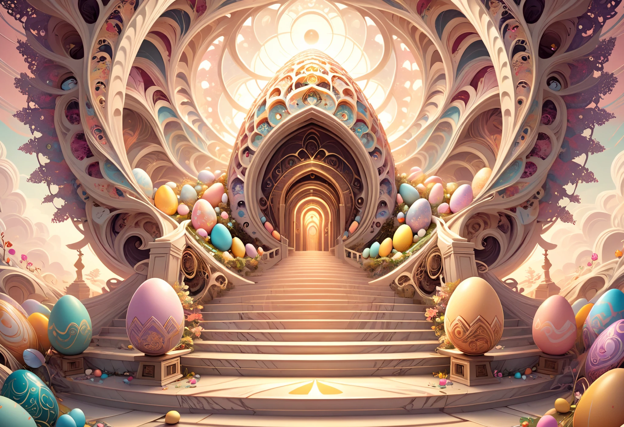 Easter Egg-Themed Fractal Design Art. zen art,Complex and bizarre, two-dimensional vector illustration, Pastel Simplicity, Fantastic, dreamy atmosphere, Flat Design Strategies, Focus on the subject, Intricate Details, Marble stairs, Set in a captivating backdrop, popular illustration format on ArtStation