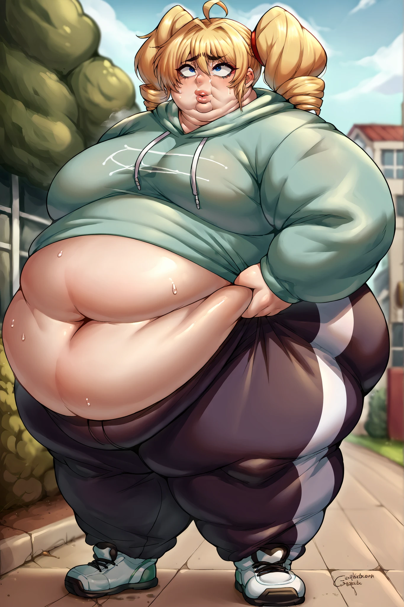 ((((kipteitei art)))), ((highres)),Masterpiece, high quality, best quality, beautiful, perfect lighting, detailed face, ultra cute face, ((1girl)), ((solo), ((((Ruka)))), ((blue hairband)), nervous look, shy, embarrassed, sweating, out of breath, weight conscience blush, ((tan sweater)), (tight clothes)), ((undersized skirt)), thigh highs, mini skirt, outside, walking though suburb, medium breasts, perky breasts, thicc, fat ass, (((wide hips))), ((((thick thighs)))), pudgy belly,
