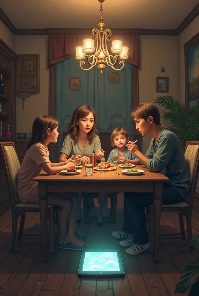 Create a family with three siblings, two boys and a girl, and the mom and dad eating listlessly to copy