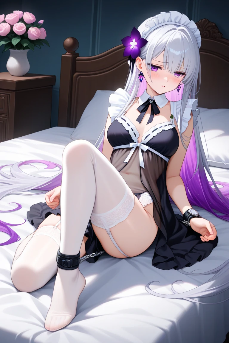 Silver hair, twin drills, putting my dick in her pussy, nipples, touching her breasts, close up, blushing, sloppy expression, drooling, on the bed, close in front of me, one girl, straddling me