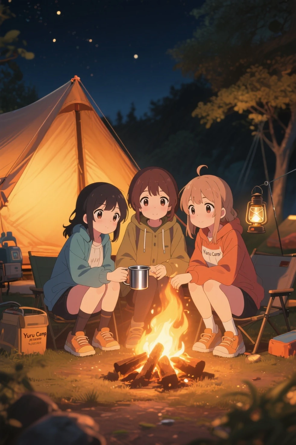 <lora:takamichi-style:0.9>,takamichi style,3girls,upper body,yellow jacket,pink jacket,blue jacket,skirt,watercolor,night,campfire