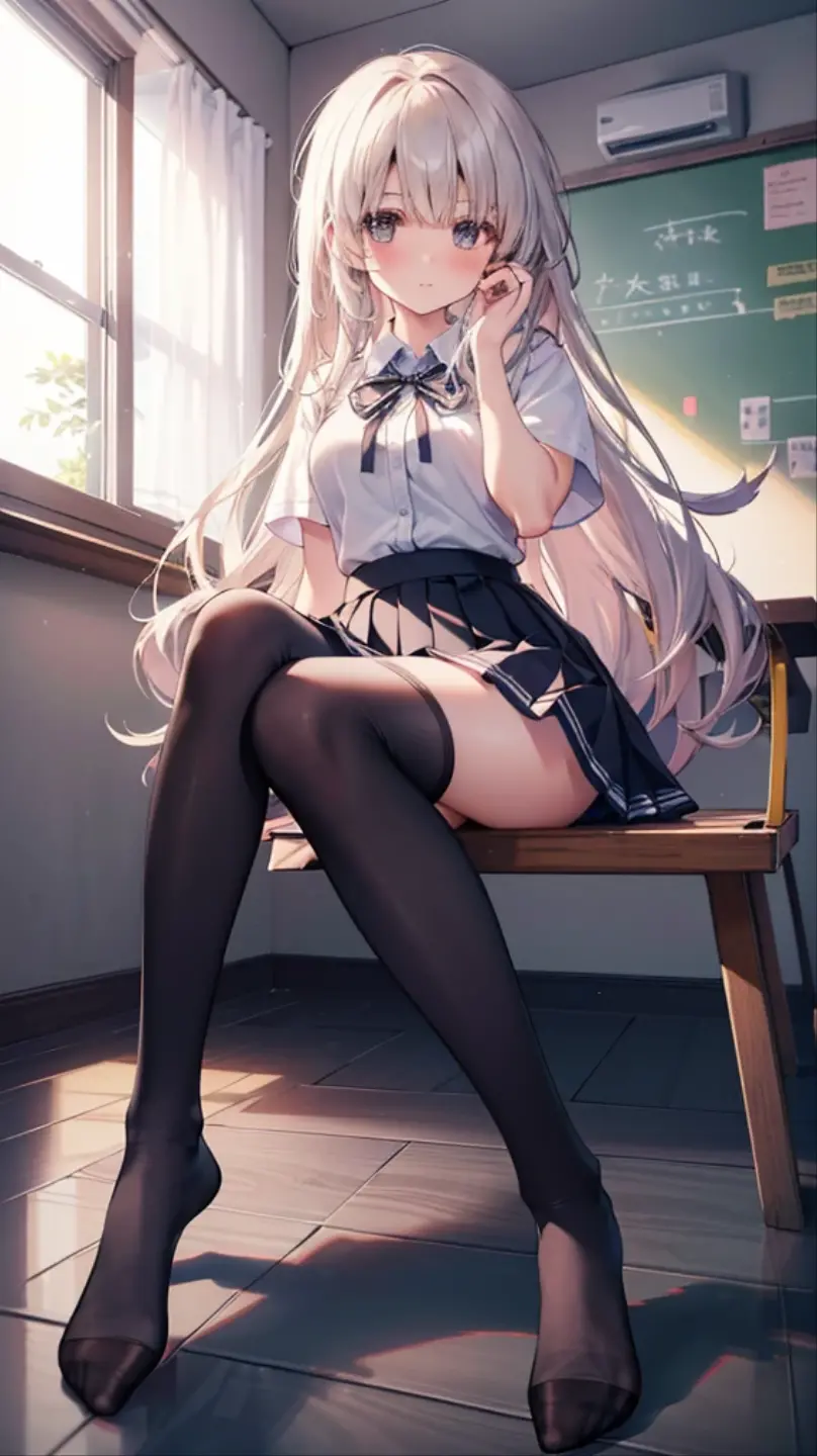 1girl in, Medium White Hair, Beautiful sky blue eyes, Pony tail, Cute, blush, medium breasts, high-school uniform, Black tights, Black underwear, I see underwear, sitting on, Open legs