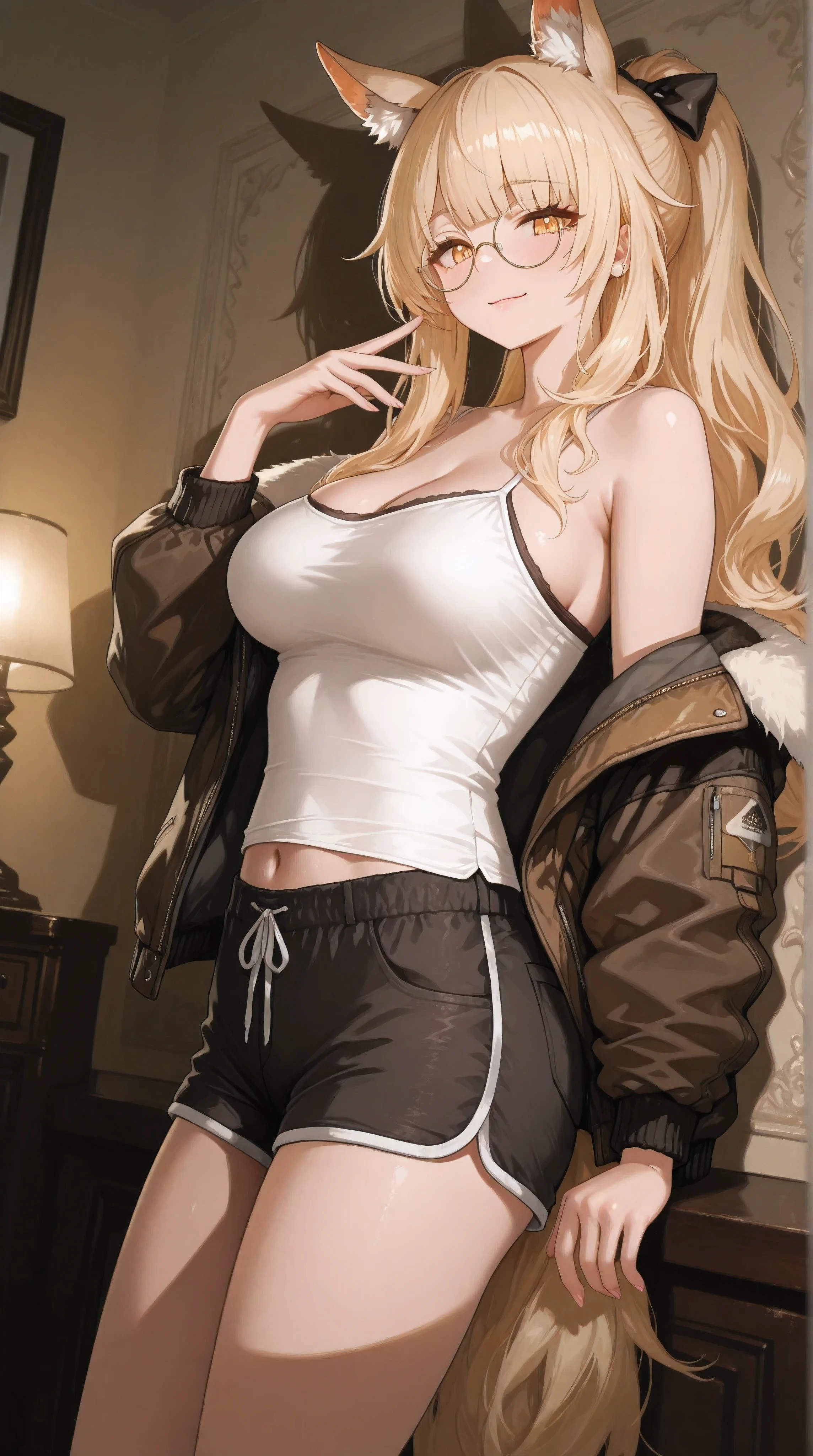(NSFW:1.1), A Realistic image, extremely sharp focus, crisp details, high resolution, low light, fashion photography, 4K, 8K. (correct anatomy and detailed hand). A wide angle shot, side view, low angle, a detailed, high quality rendering of blemishine_\(arknights\). She wears beautiful, detailed round eyeglasses, she wears a camisole, bomber jacket and shorts. She has a beautiful large breasts. She has a beautiful face details, a beautiful detailed yellow eyes, blonde hair, ponytail, hair bow, detailed hands, five fingers and a real human skin, her expression is happy and she looks at the viewer. A cozy bedroom, the only light comes from soft dim cinematic light of a floor lamp. The light gently washes over the surrounding furniture and casts long, subtle shadows on the walls, cold color pallete. the background has highest detail, detailed background and depth of field.
