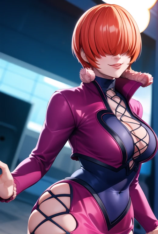 (night),in a video game scene with a neon background and a neon light,
Standing at attention,
pink outfit,pink jacket,choker, cleavage cutout, clothing cutout,
earrings,
purple hair,bangs,((hair over eyes)),
1 girl, 20yo,Young female,Beautiful Finger,Beautiful long legs,Beautiful body,Beautiful Nose,Beautiful character design, perfect face,
looking at viewer,(Focus on her face),closed mouth,Light_Smile,
official art,extremely detailed CG unity 8k wallpaper, perfect lighting,Colorful, Bright_Front_face_Lighting,shiny skin,
(masterpiece:1.0),(best_quality:1.0), ultra high res,4K,ultra-detailed,
photography, 8K, HDR, highres, absurdres:1.2, Kodak portra 400, film grain, blurry background, bokeh:1.2, lens flare, (vibrant_color:1.2),professional photograph,
(Beautiful,large_Breasts:1.4), (beautiful_face:1.5),(narrow_waist),