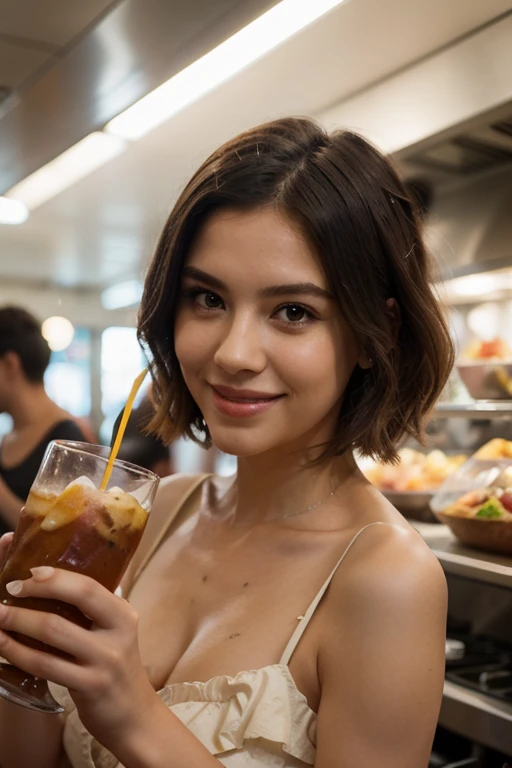1girls, Nur, green Hair , 24 years old , Wearing a beige sweater (while drinking soda in a cafe), highly detailed, innocent face, naturally wavy hair, high resolution, Masterpiece, composing-Qulit, complex high detail, highly detailed, sharp focus, detailed skin, realistic skin texture, texture , detailed eyes, professional, 4K, charming smile, shot on Canon, 85mm, shallow depth of field, Kodak Vision Color, perfectly fitting body, highly detailed, photography_\(ultra\), photorealistic, Realistic, Post-processing, maximum detail, roughness, real life, ultra realistic, photorealism, photography, 8K UHD, photography, she should wear a stylish short bustier, a mini skirt underneath, stylish gold jewelry, her hair should be at shoulder length or just above her shoulder, she should be extra perfect.