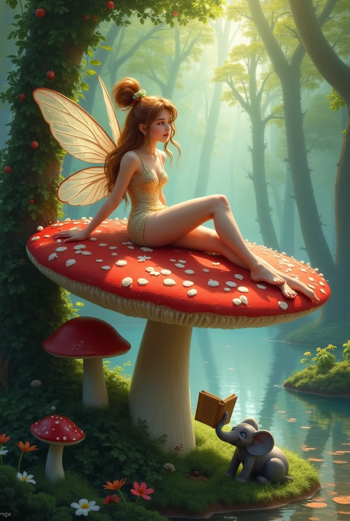 ais-fairiez fairy, sitting on a giant mushroom in the forest, facing viewer <lora:Fairies_Style_SD1.5:1>