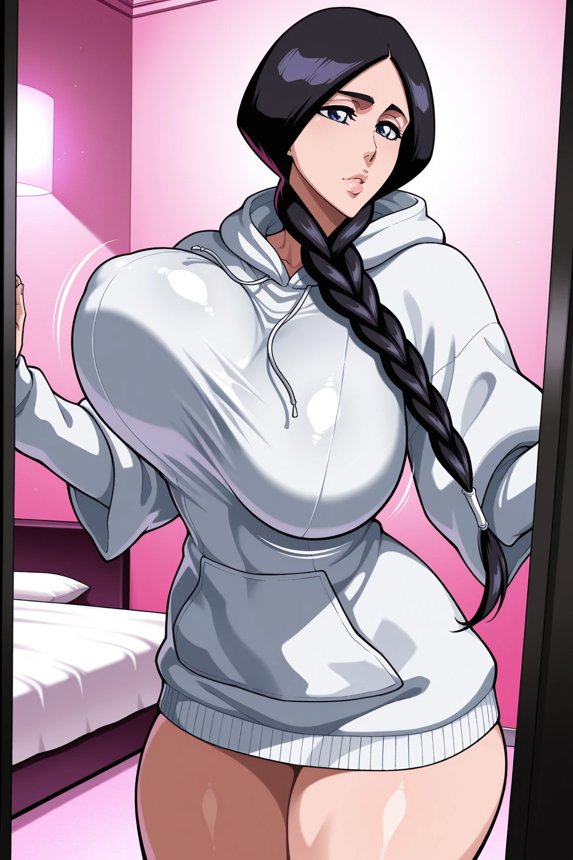 Masterpiece, highres, high Quality, detailed face, detailed body render, 1girl, solo, hyuuga hinata, hinata-sleeveless-outfit, large breasts, big breast, sleeveless shirt, fishnet top, dark lips, unzipped jacket, no bra, breasts out, nipple, standing, blushes, (on bedroom)