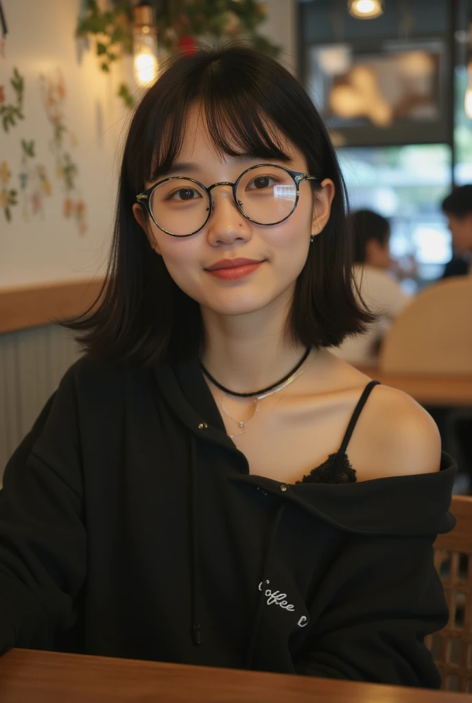 best quality,8k, Detailed facial depictions, head tilt, glasses, Brown hair(pony tail hair), a beautiful girl smiles sweetly at the camera, looking at the viewers, blushing, sitting in a cafe, selfie, a cup of coffee on the table, She looks confident, making the photo appear perfect, medium chest size, Smiling face, toothy smile, necklace. wearing an elegant black tight t-shirt, shiny red lips, brown skin, spoiled expression, scenic beauty, detailed and vivid, high-resolution image, photorealistic rendering, vibrant colors, soft and warm lighting, her boobs exposed.
BREAK.
Background ((Background of crowds of peoples in a dimly lit cafe, Dim bokeh lights)). Detail, complicated