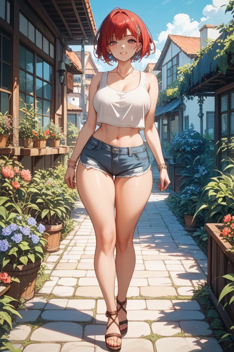 ((highres)), Masterpiece, high quality, best quality, beautiful, perfect lighting, detailed face, ultra cute face, cowboy shot, ((1girl)), ((solo)), Short hair, fluffy hair, brown hair, green eyes, ((blush)), nervous, shy, bikini, bikini, shorts, ((thick thighs)), (wide hips), bottom heavy, cleavage, (medium breasts), ((full body)), 20 year old female, standing in a park, (park), daytime, side view, full body view 