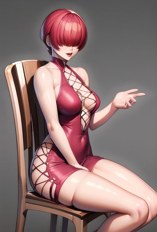 ((Highest quality)), ((masterpiece)), (Familiar), Hazy, Female,Mature Woman,Purple Hair, short hair, Low Ponytail, eye shadow, lipstick, Red eyes,Red suit shirt,Large Breasts,Erect nipples,I can see her cleavage,Red and black jacket, White tight skirt,Red Heels