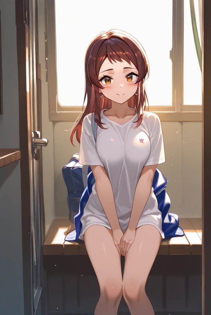 A Female robot grabs her ass, spread legs, nude, banzai pose. she wears no dress. She Brown short hair is tied with two big red clothespins, She lifts up the under hem of her white plain dress, leaning over, masterpiece, very short pigtails,brown hair, mature, android, blue eyes, full body figure, Height: 160cm, flushed cheeks, 2020s anime picture, A beautiful robot with short brown hair in two short pigtails held up by two very large huge red clothespins, Uplifting, No NSFW, whole body, barefoot, archaic smile, getting orgasm, 25 years old, sweat bucket. short sleeve shirt, pleated skirt, beautiful scenery, evening, skirt lift, no panties, genitals visible, full body shot, sexy face. between mirrors, floating hair, looking away. She wears hot pants. She has broken hardly by enemy.