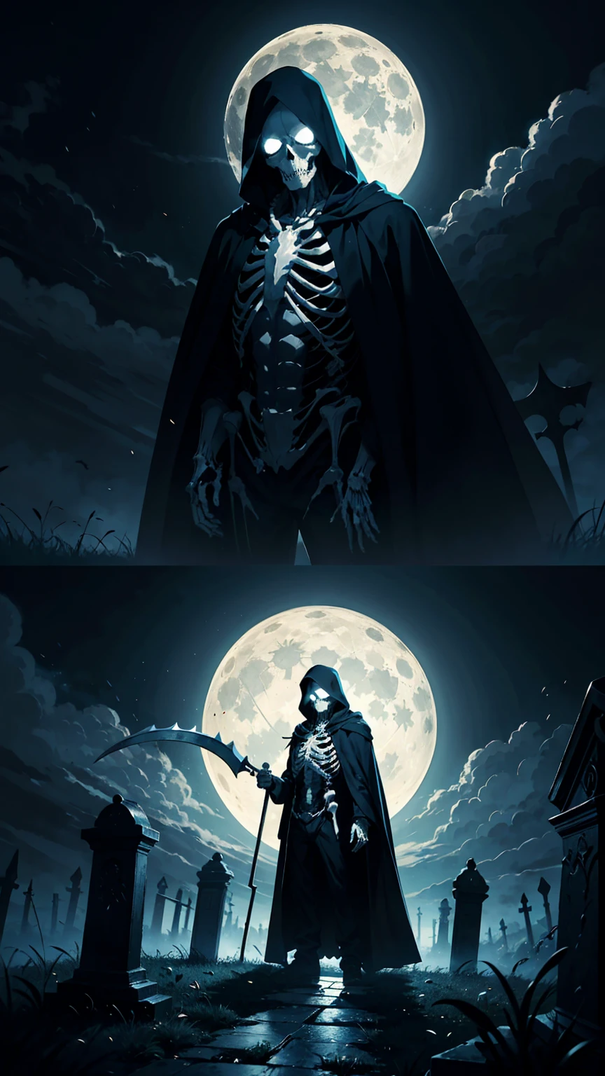  dark fantasy aestetics, dark night, dim light, huge wings made of grey and blue fire, death reaper, black cloak, skeleton covered in grey fire, horrifing beauty, standing with the scythe, big grass field on the background, dark fantasy, horror, dnd, atmospheric perspective, perspective, wide shot, 4K, 8k, highres, high quality, masterpiece, best quality