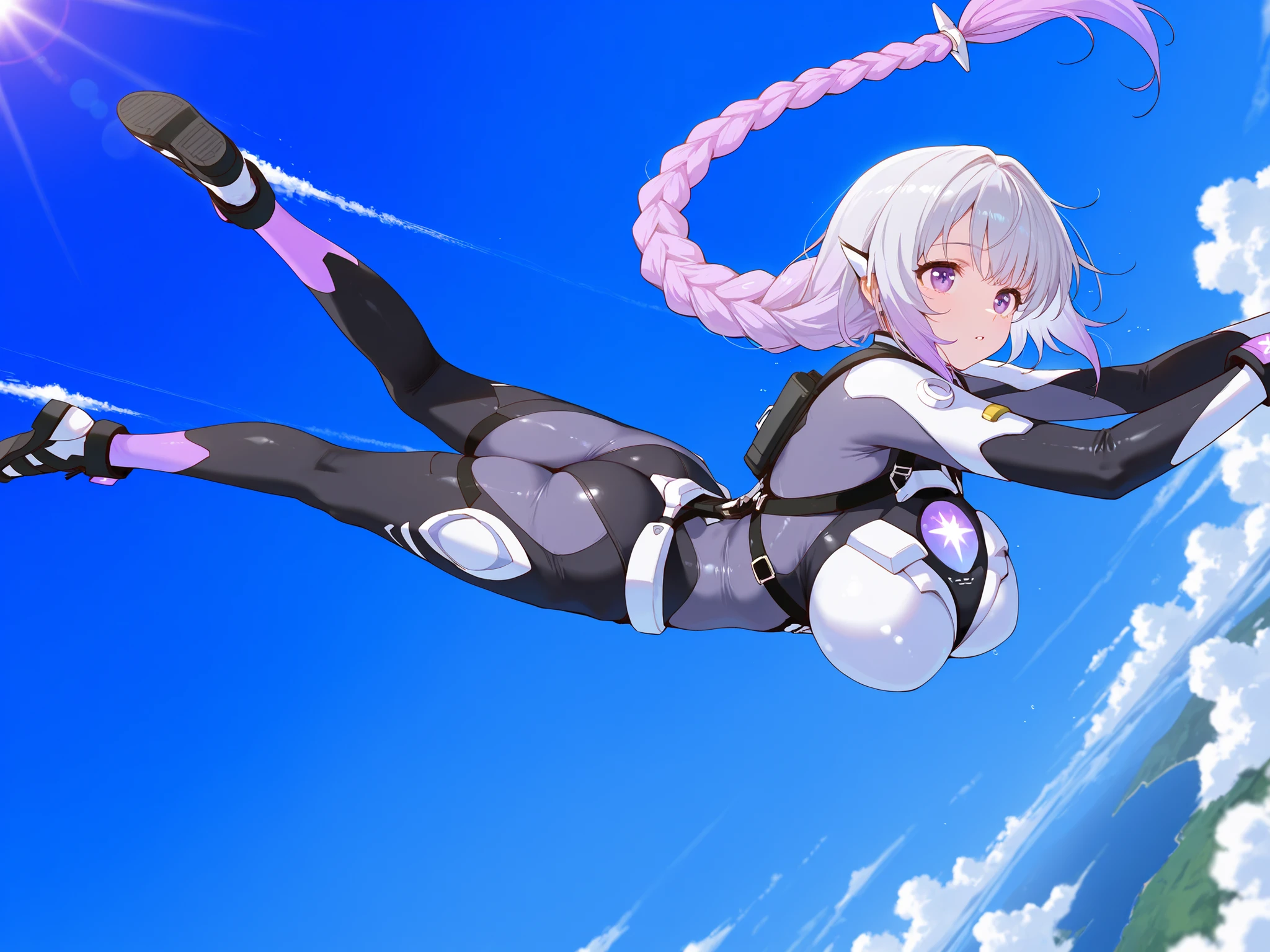 Criptic girl,masterpiece, best quality, amazing quality, very aesthetic, absurdres, sensitive, (dynamic Dutch angle shot:1.5),lends flare,highly detailed cyber body  suits, Extreme large Breast, long gradient purple twin braid hair ,(Skydiving scene:1.2), girl Skydiver free falling in bright blue sky,Lying on stomach in the air,, flying above white clouds,sunny day, wide angle shot from above, gray color_style, high resolution
