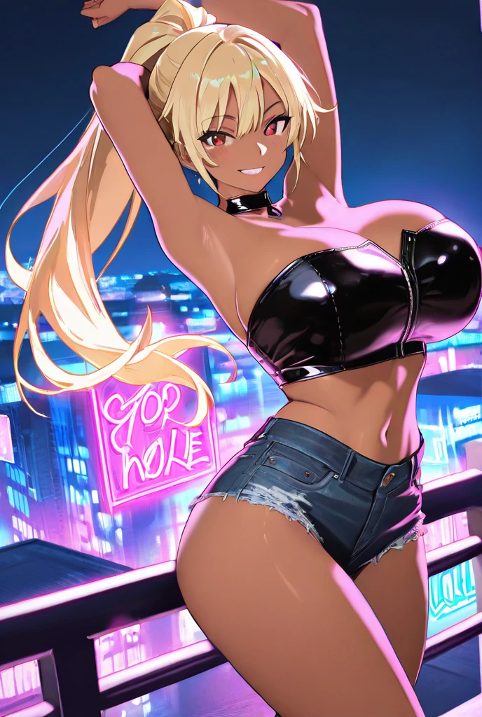 masterpiece, best quality, nice hips, slut, slutty bimbo clothes, medium breasts, smile, slut, young girl, bratty girl, wide hips, (white micro bikini top), (tight black shorts), latex shorts, midriff, (nighttime), red light district, street, (outdoors), detailed eyes, straight hair, blonde, smiling, street hooker, (street hooker clothes), putting out, attracting customers, offering sex, holding condom wrapper in hand, lewd facial expression, lewd hand gesture, slut
