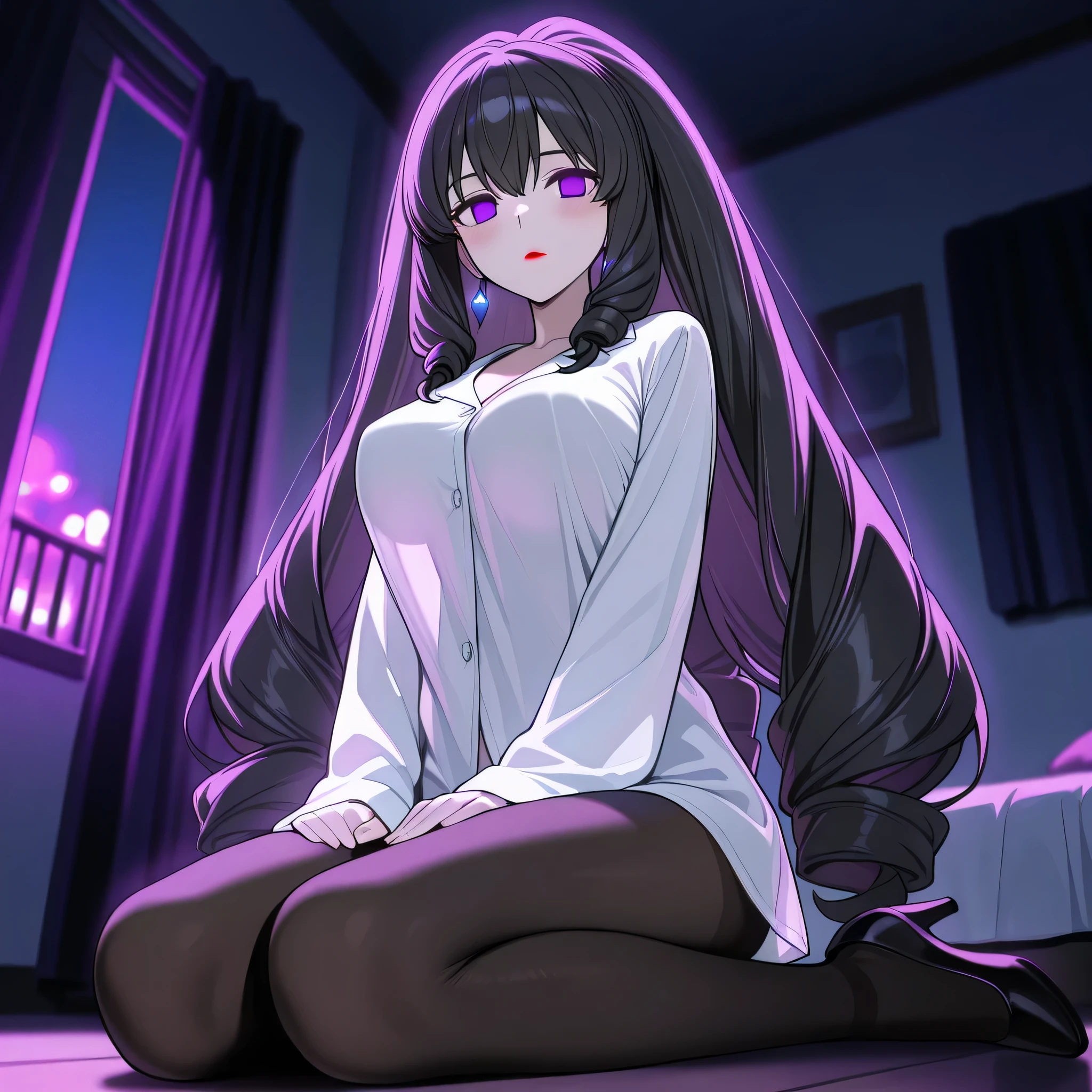 score_9, score_8_up, score_7_up, 1girl, solo, (top quality, 8k), high resolution, smooth, best quality, highly detailed, looking at viewer, bedroom at night, (dark room), ((from below)), large breasts, covered breasts, glowing hypnotic waves in the background, at night, ((perfect hands)), beautiful hands, ((slim fingers)), expressionless, masterpiece, high quality, absurd resolution, beautiful hands, blush, hypnotic eyes, glowing purple eyes, empty eyes, long white shirt, pajama shirt, naked shirt, boob tent, taut clothing, black pantyhose, kneeling on floor with legs together, perky breasts, high heels, being hypnotized, full body shot, v_arms, hands on knees, seiza, jewelry, earrings, Maya Yotsuba, black hair, drill hair, red lips, very long hair, schoolgirl cosplay, very thin legs, long legs