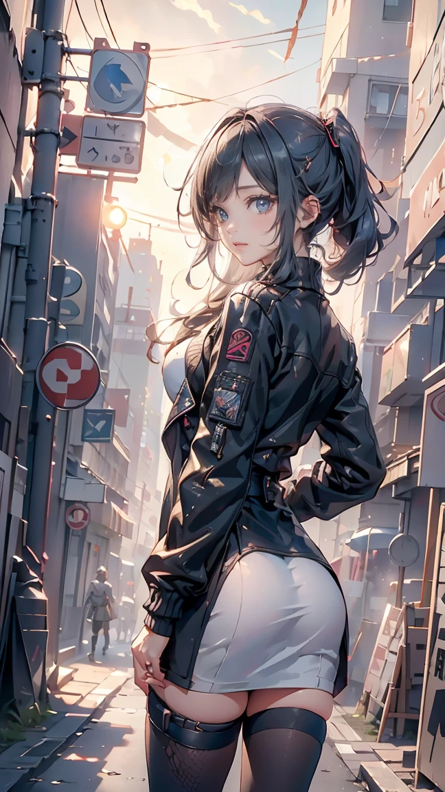 obra de arte, maximum quality, city in ruins and fire in the background, anime girl in uniform kneeling on the floor, SS Militares nazistas brancos, 4K manga wallpaper, Bleach, Exterminador, will tear the fallen blood, badass anime 8K, gapmoe Yandere, Yandere, albedo do Anime Overlord, sorriso assustador, risada louca, risada angular nos cantos da boca, cabelo preto cabelo longo, Minissaia branca, uniforme militar branco de mangas compridas, corpo inteiro, big ass, thick