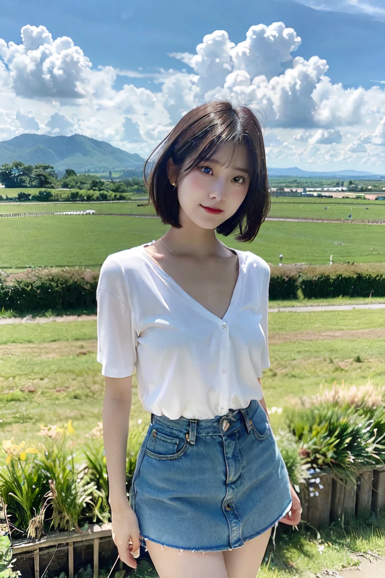 One-man girl、The photograph、realisticlying、beste-Qualit、a photorealistic、The ultra -The high-definition、Models、detailed face with、Shoulder Bob、Whole human body、Delicate figure, clean legs、pin heels、White shirt、tight miniskirt、Large lawn park、Strong sunshine in summer、Sit on the lawn、Looking at the camera、lowangle、Open your crotch wide、A little white panties are visible from the skirt、depth of fields、Background bokeh