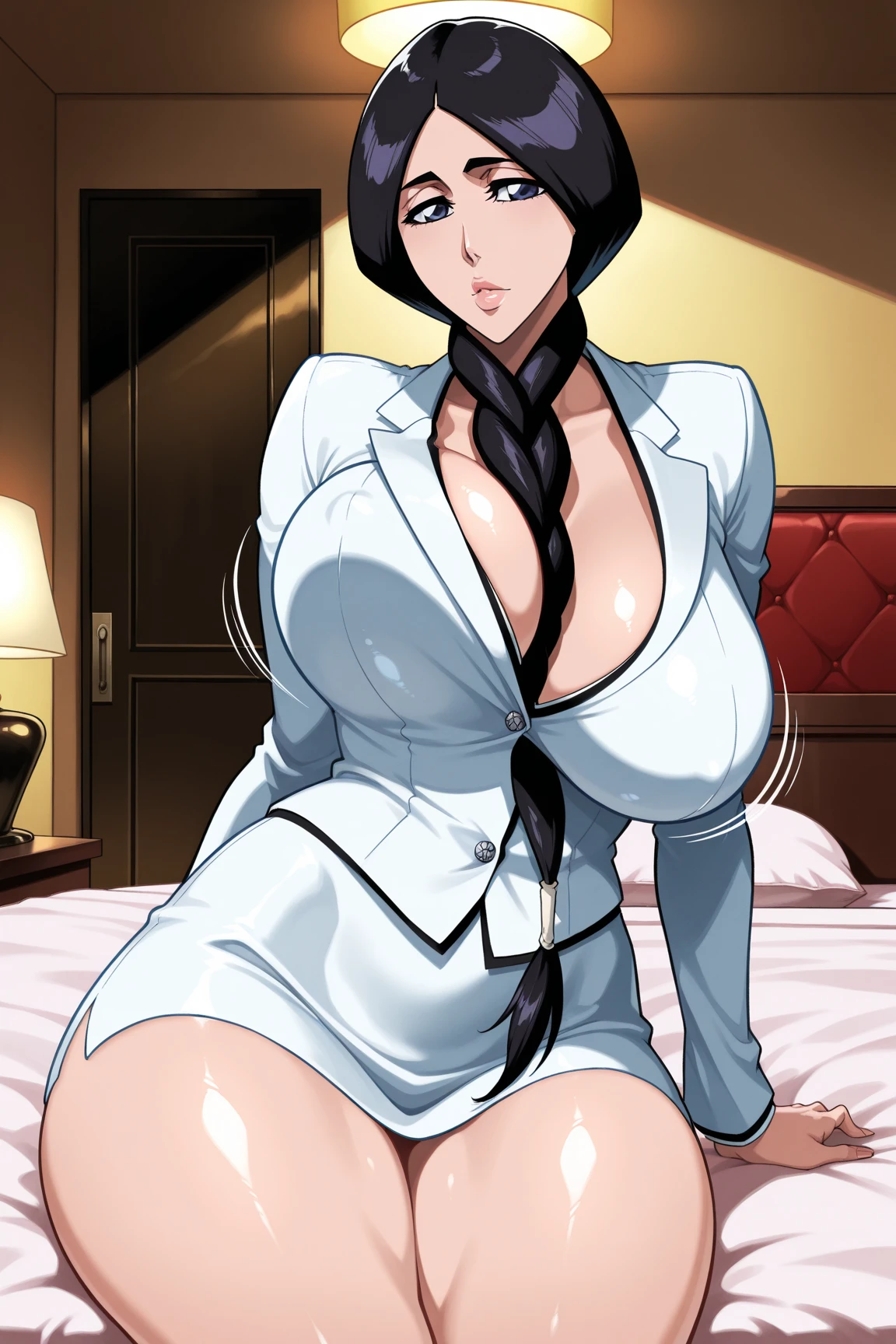 Super-detailed, 8k HD, Retsu Unohana, 1 girl, solo, mature, beautiful and detailed face, detailed hand, long black hair, slender hips, thick thighs, huge and droopy breast, huge round ass, black office suit and mini skirt, long cravat , fishnet thigh high stocking, showing cleavage, expressionless, holding office documents, standing in the hallway waiting